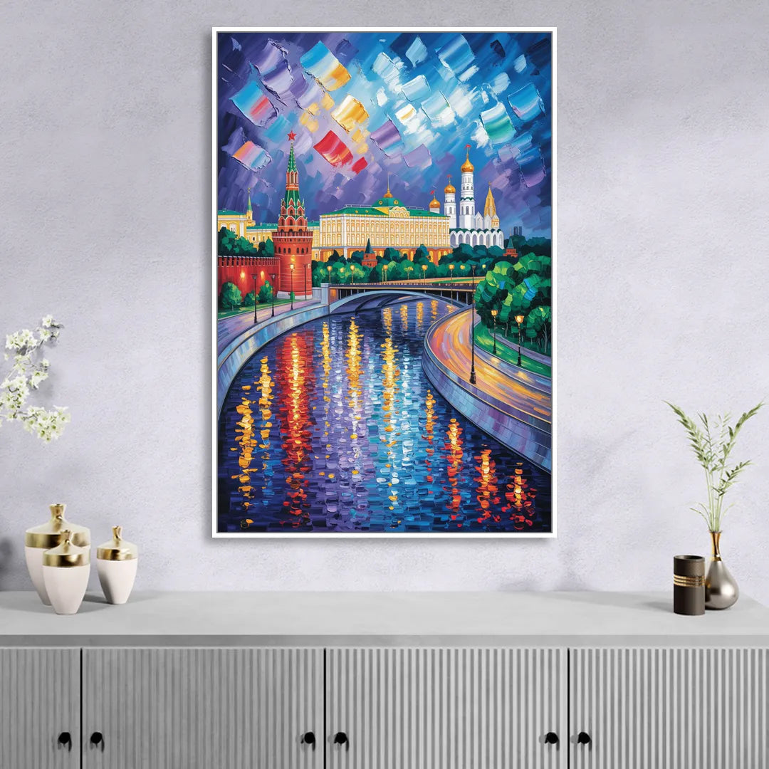 Moscow River Glimpse Living Room - White Canvas Wall Art