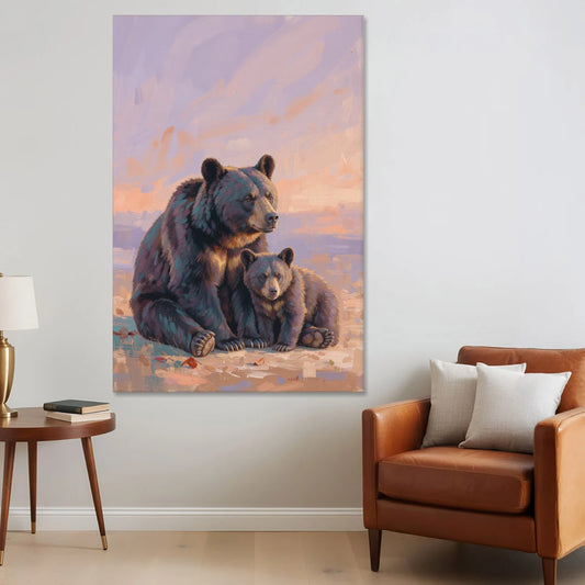 Mother Bear and Cub at Lavender Dusk for the Playroom - Canvas Wall Art - Sofa - 40x60