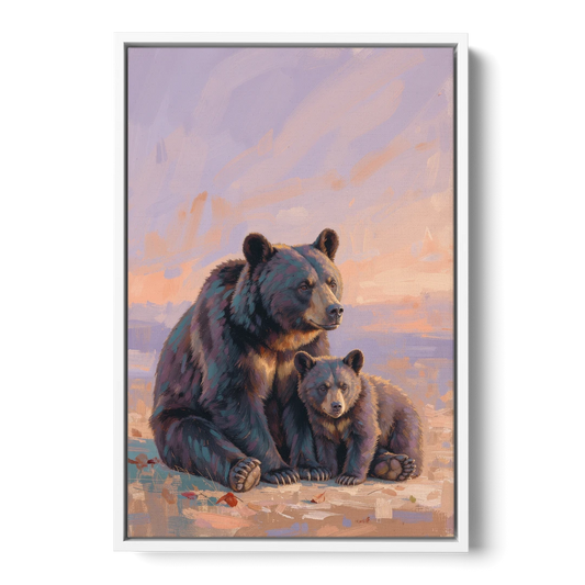 Mother Bear and Cub at Lavender Dusk for the Playroom - White Framed Canvas Wall Art - Front