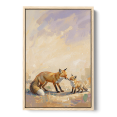 Mother Fox and Kit Touching Noses - Oak Framed Canvas Wall Art - Front