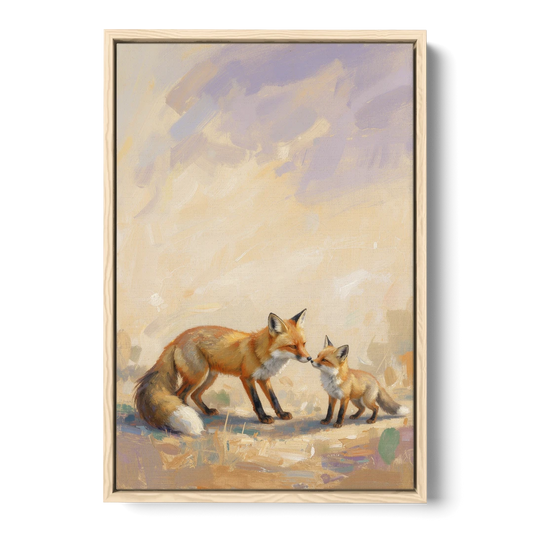 Mother Fox and Kit Touching Noses - Oak Framed Canvas Wall Art - Front