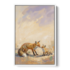 Mother Fox and Kit Touching Noses - White Framed Canvas Wall Art - Front