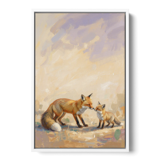Mother Fox and Kit Touching Noses - White Framed Canvas Wall Art - Front