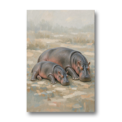 Mother Hippo and Calf Resting Together - Canvas Wall Art - Front