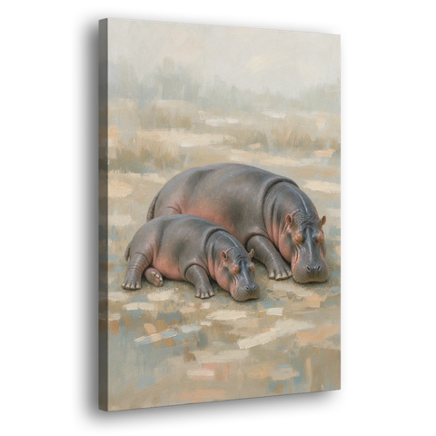 Mother Hippo and Calf Resting Together - Canvas Wall Art - Side
