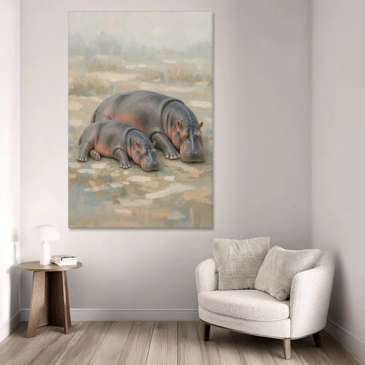 Mother Hippo and Calf Resting Together - Canvas Wall Art - Sofa - 40x60