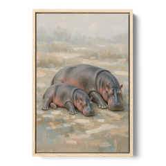 Mother Hippo and Calf Resting Together - Oak Framed Canvas Wall Art - Front