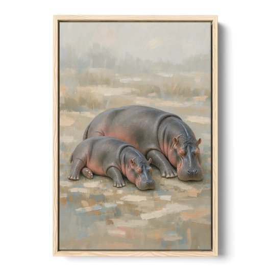 Mother Hippo and Calf Resting Together - Oak Framed Canvas Wall Art - Front