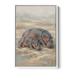 Mother Hippo and Calf Resting Together - White Framed Canvas Wall Art - Front