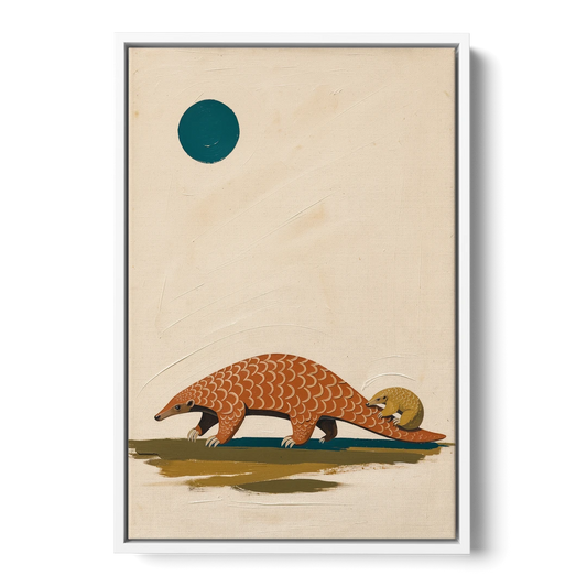 Mother Pangolin Carrying Her Baby on Her Tail - White Framed Canvas Wall Art - Front