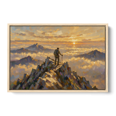 Motivational Wall Art of a Climber at Summit Dawn - Oak Framed Canvas Wall Art - Front