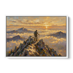 Motivational Wall Art of a Climber at Summit Dawn - White Framed Canvas Wall Art - Front