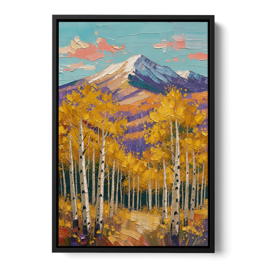 Rustic Mountain Cabin with Golden Aspens - Black Framed Canvas Wall Art - Front