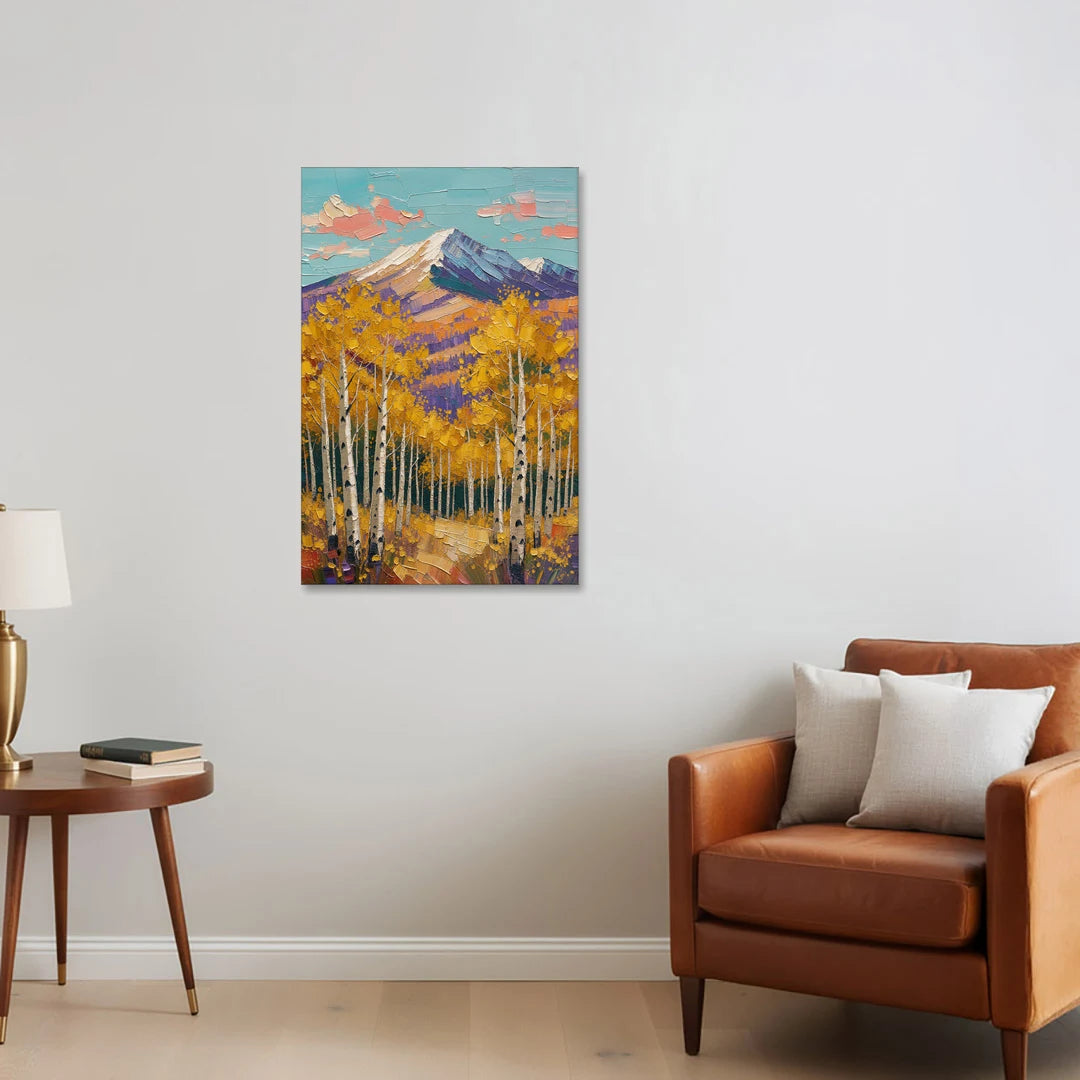 Mountain Cabin Decor with Golden Aspens - Canvas Wall Art - Sofa - 24x36