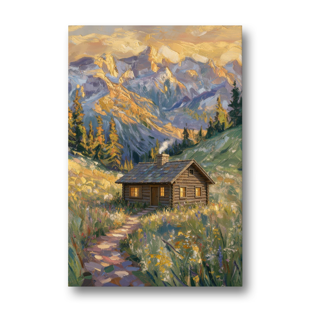 Mountain Cabin Painting with Chimney Smoke - Canvas Wall Art - Front