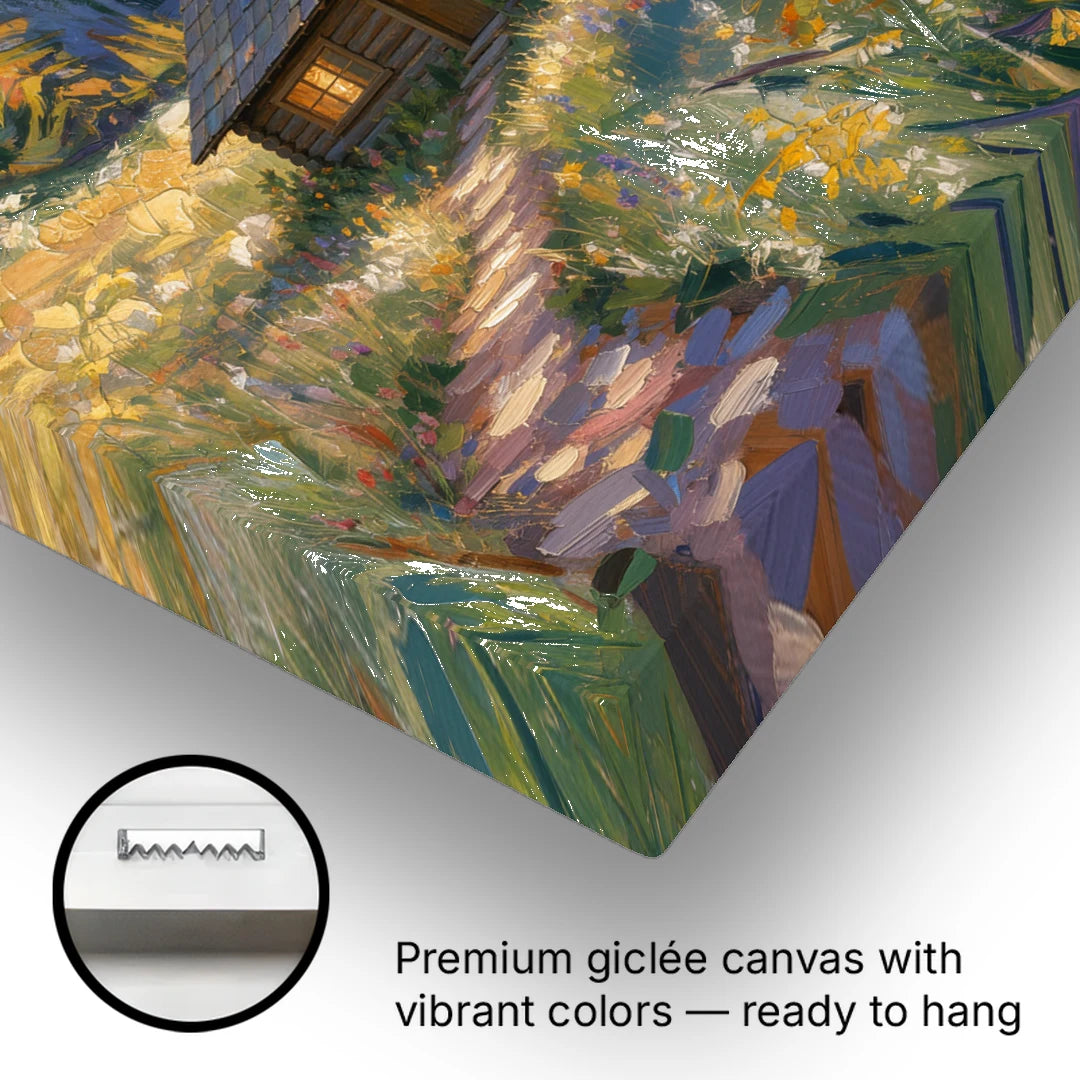 Mountain Cabin Painting with Chimney Smoke - Canvas Wall Art - Gallery Wrap Corner