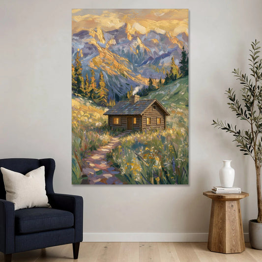 Mountain Cabin Painting with Chimney Smoke - Canvas Wall Art - Sofa - 40x60