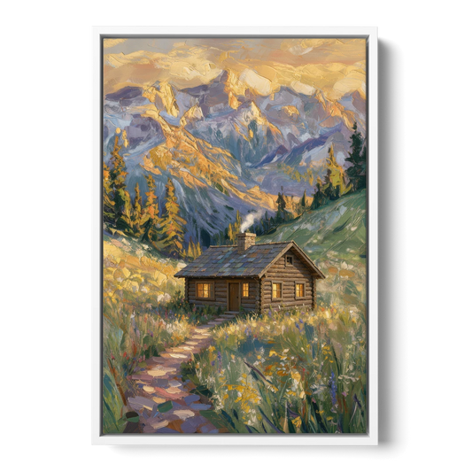 Mountain Cabin Painting with Chimney Smoke - White Framed Canvas Wall Art - Front