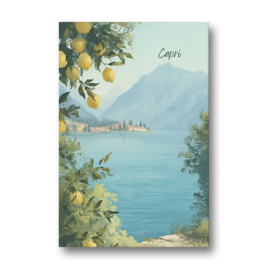 Mountain Lake Painting with Lemon Branches - Canvas Wall Art - Front