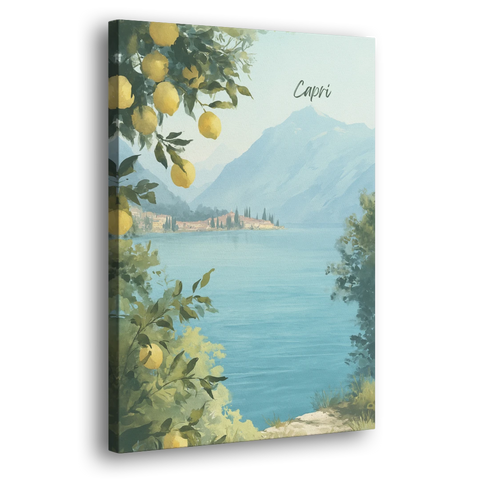 Mountain Lake Painting with Lemon Branches - Canvas Wall Art - Side