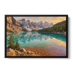 Mountain Lake Painting with Turquoise Reflections - Black Framed Canvas Wall Art - Front