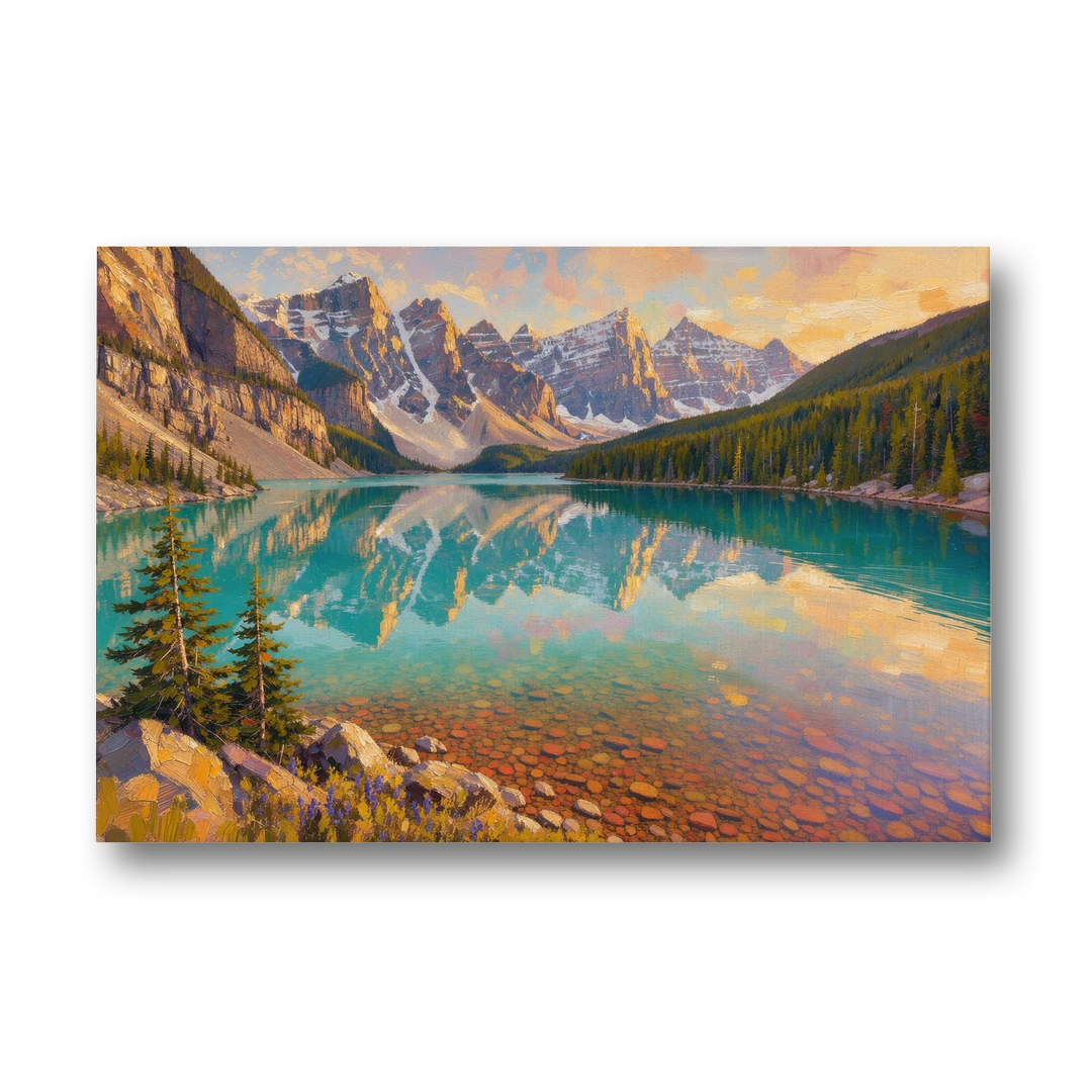 Mountain Lake Painting with Turquoise Reflections - Canvas Wall Art - Front