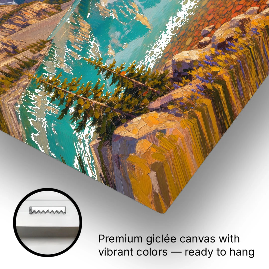 Mountain Lake Painting with Turquoise Reflections - Canvas Wall Art - Gallery Wrap Corner