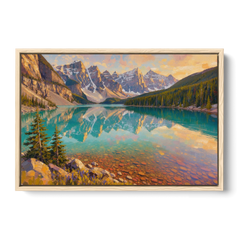 Mountain Lake Painting with Turquoise Reflections - Oak Framed Canvas Wall Art - Front