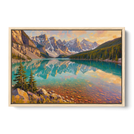 Mountain Lake Painting with Turquoise Reflections - Oak Framed Canvas Wall Art - Front