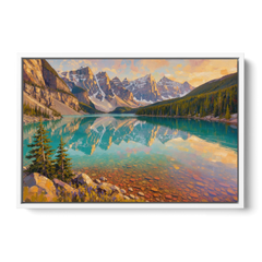Mountain Lake Painting with Turquoise Reflections - White Framed Canvas Wall Art - Front