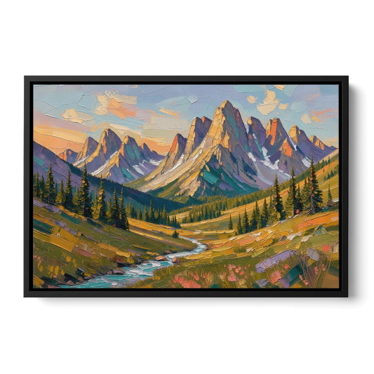 Mountain Landscape Painting of a Late Summer Valley - Black Framed Canvas Wall Art - Front