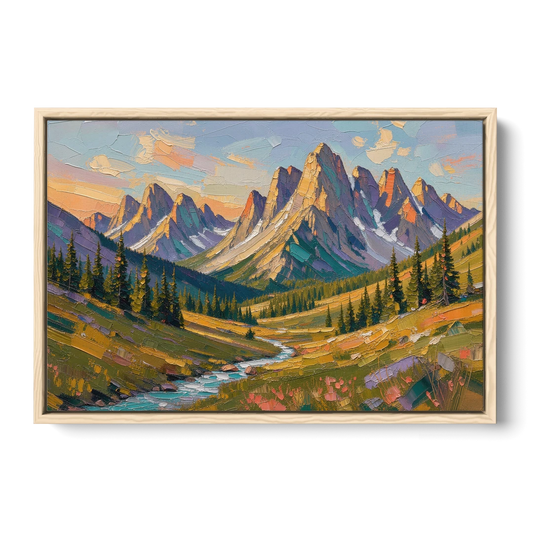 Mountain Landscape Painting of a Late Summer Valley - Oak Framed Canvas Wall Art - Front