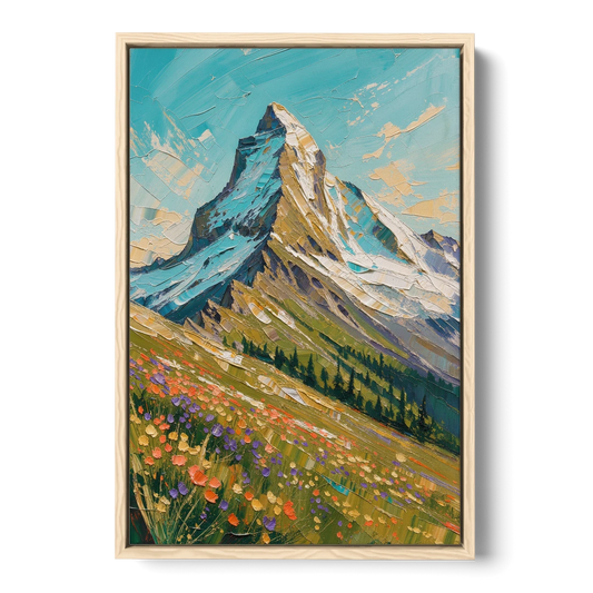 Mountain Oil Painting of a Wildflower Summit - Oak Framed Canvas Wall Art - Front