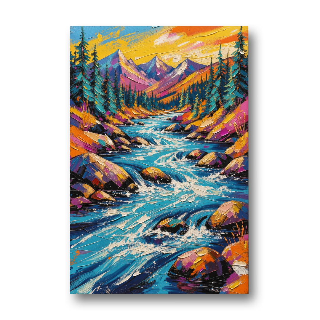 Mountain River Painting in Electric Blue - Canvas Wall Art - Front