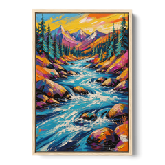 Mountain River Painting in Electric Blue - Oak Framed Canvas Wall Art - Front