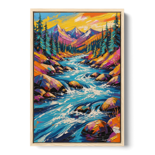 Mountain River Painting in Electric Blue - Oak Framed Canvas Wall Art - Front