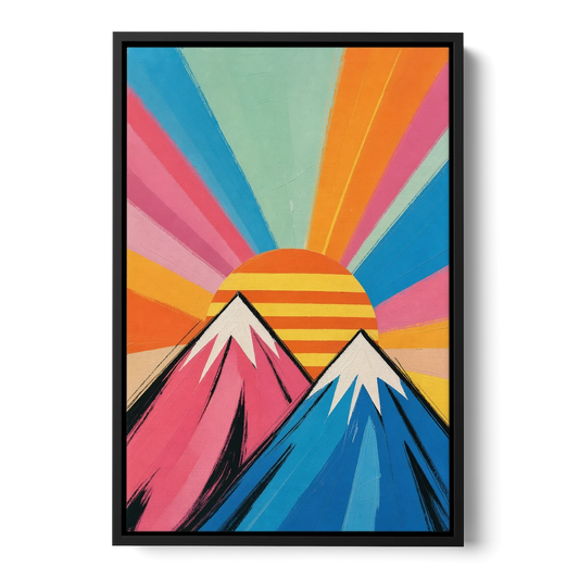 Pop Art Mountain Sunrise with Striped Sun - Black Framed Canvas Wall Art - Front