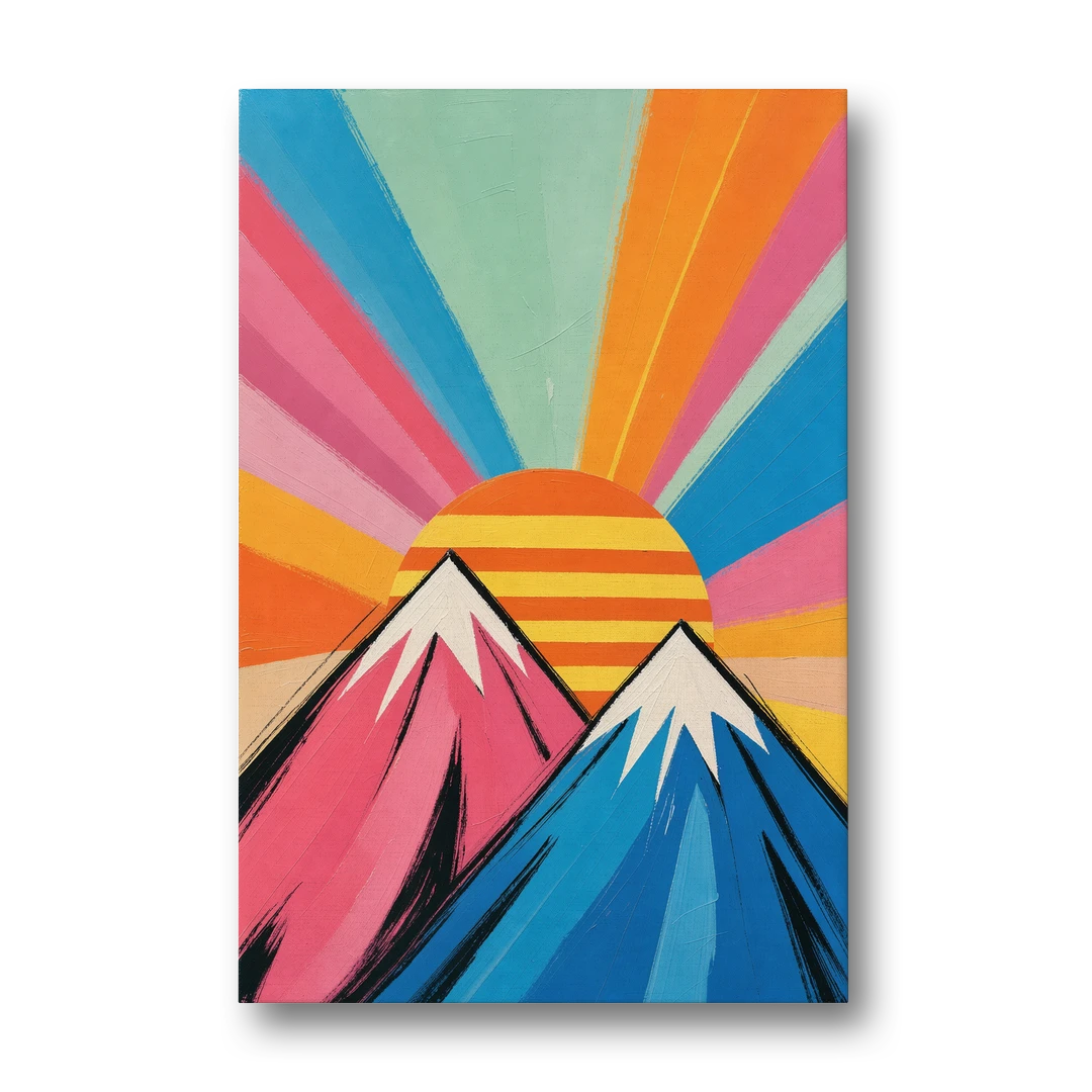 Mountain Sunrise with Striped Sun - Canvas Wall Art - Front