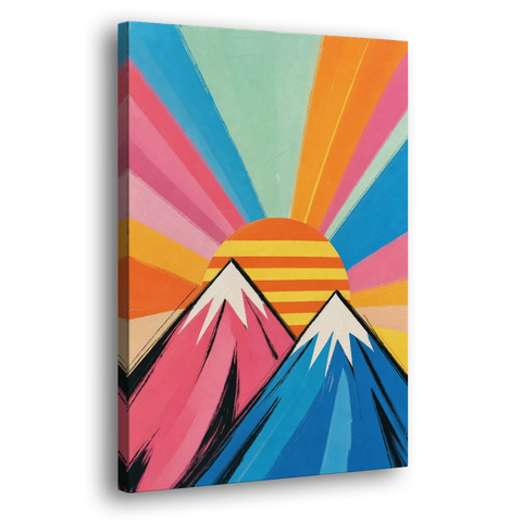 Pop Art Mountain Sunrise with Striped Sun - Canvas Wall Art