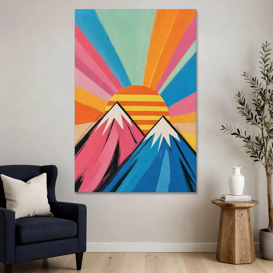 Pop Art Mountain Sunrise with Striped Sun - Canvas Wall Art - Sofa - 40x60