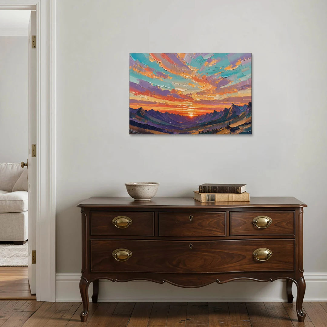 Mountain Sunset Painting Over a Violet Valley - Canvas Wall Art - Coffee Table - 36x24