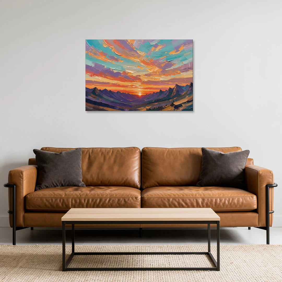 Mountain Sunset Painting Over a Violet Valley - Canvas Wall Art - Sofa - 36x24