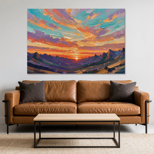 Mountain Sunset Painting Over a Violet Valley - Canvas Wall Art - Sofa - 60x40