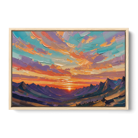 Mountain Sunset Painting Over a Violet Valley - Oak Framed Canvas Wall Art - Front