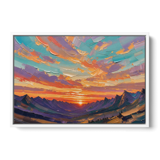 Mountain Sunset Painting Over a Violet Valley - White Framed Canvas Wall Art - Front