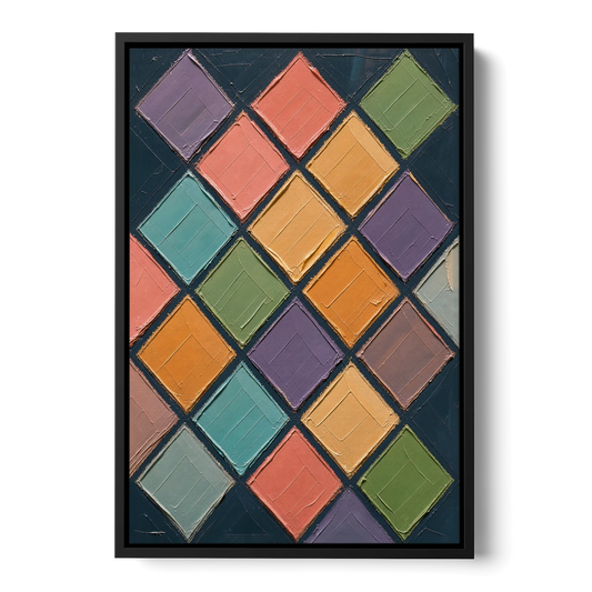 Multicolor Abstract Harlequin Diamond Impasto - Black Framed Canvas Wall Art - Front