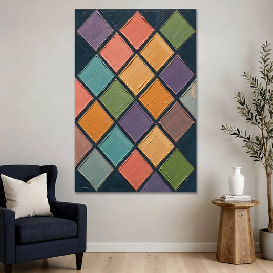Multicolor Abstract Harlequin Diamond Impasto - Canvas Wall Art - Sofa - 40x60