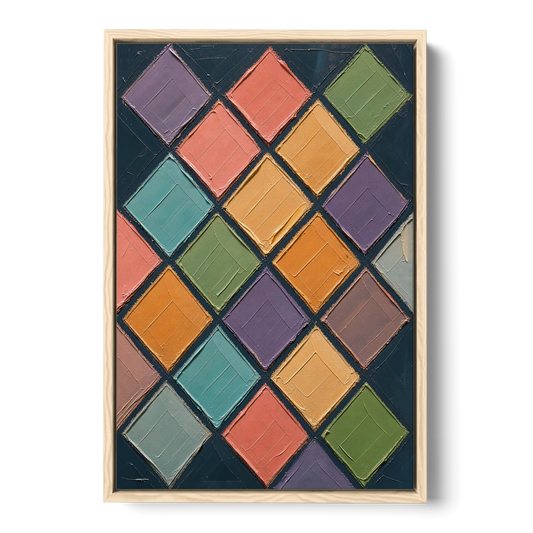 Multicolor Abstract Harlequin Diamond Impasto - Oak Framed Canvas Wall Art - Front