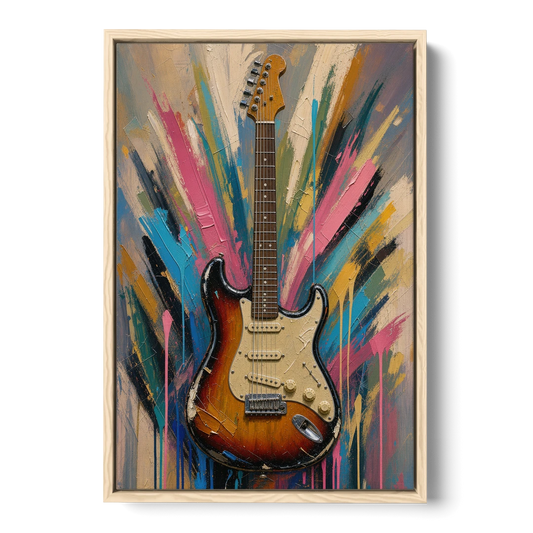Music Room Sunburst Guitar in Radiating Color - Oak Framed Canvas Wall Art - Front