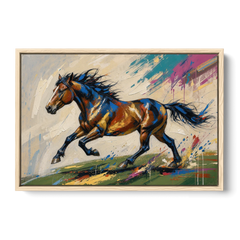 Mustang Painting in Clashing Primaries - Oak Framed Canvas Wall Art - Front